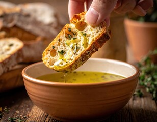 CloseUp Of A Hand Dipping A Slice Of Rustic Bread With Herbs And Olive Oil Into A Bowl Of Green Olive Oil With Herbs On A Wooden Table