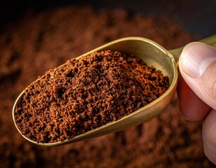 Close up of a brass scoop filled with rich dark brown coffee grounds with a blurred background of more coffee powder and a finger gently holding the scoop