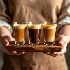 Three Glass Espresso Shots with Crema on Wooden Board Held by Barista in Apron Warm Lighting