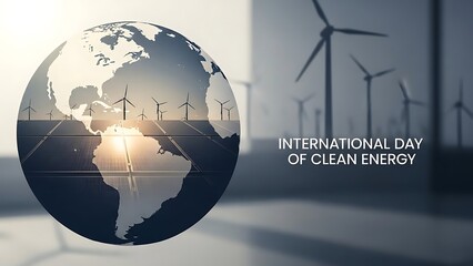 International Day of Clean Energy concept showing a stylized globe with solar panels and wind turbines representing global renewable power and environmental commitment.