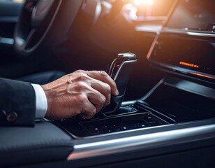 Close up of a Man in a Business Suit Shifting Gears in a Modern Car Interior With Golden Sunlight Glinting