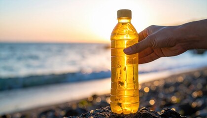 Hand Holds Translucent Yellow Liquid Filled Plastic Bottle Against Blurry Ocean Waves At Golden Sunset Hour