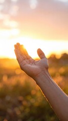 Close up Of Open Human Hand Reaching For Warm Golden Sunlight In A Field At Sunset Sky With Lens Flare