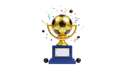 Golden Soccer Trophy with Confetti and Balls