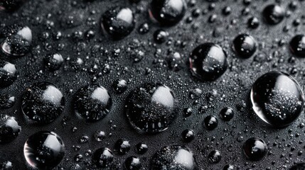 Water droplets gather on a dark surface after rainfall. Each droplet varies in size reflecting light. The scene shows the natural formation of water on a smooth material.
