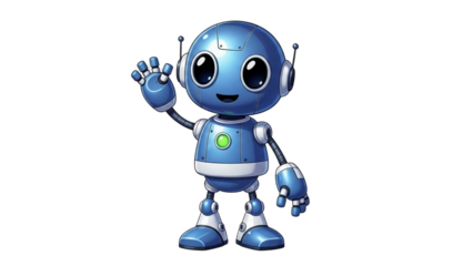 Friendly Blue Robot Waving Hello with Big Eyes and Antennas.