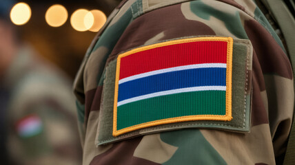 Gambian pride displayed with the national flag patch on a military uniform's camouflage sleeve, symbolizing patriotism