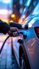 Close Up Of Hand Holding Electric Car Charger Plug Connecting To Vehicle On City Street At Night With Blue And Orange Lights
