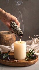 Hand Holding Burning Sage Smudge Stick Above White Candle With Smoke Rising Soft Gray Background