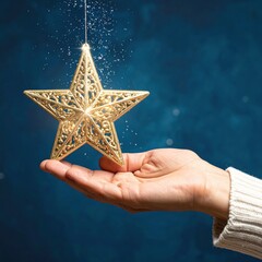 Glistening Golden Star Ornament Held Gently In Open Palm Against Dark Blue Textured Background With Falling Glitter