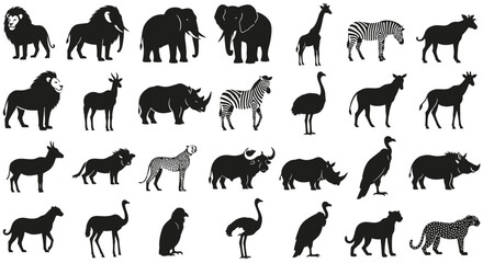 Fototapeta premium Collection of black silhouettes depicting various African safari animals in different poses.