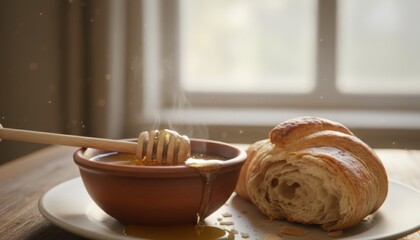 Close-up Of A Golden Honey Dipper In A Ceramic Bowl Of Honey Beside A Fresh Croissant On A Plate With Soft Window Light And Steam Rising