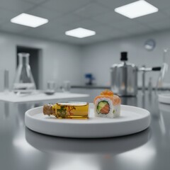 A Single Salmon Sushi Roll And A Small Bottle Of Infused Oil Presented On A White Plate In A Modern Laboratory Kitchen Setting With Bright Overhead Lighting