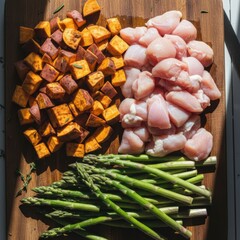 Overhead View Of Fresh Ingredients Including Diced Sweet Potatoes Cubes Raw Chicken Breast And Green Asparagus Spears Arranged On A Wooden Cutting Board With Herbs And Natural Sunlight.