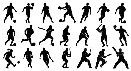 A collection of black silhouette illustrations depicting various athletes playing different sports like soccer, basketball, baseball, cricket, and tennis.