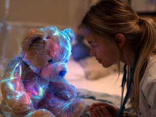 Female Doctor Observing Holographic Teddy Bear - Pediatric Healthcare Innovation