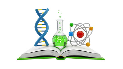 Science symbols on an open book