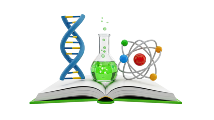 Science symbols on an open book