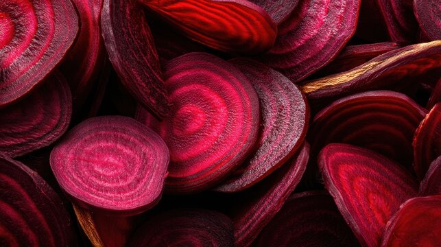 Red beets are gathered in a close group highlighting their round shape and striped patterns. This scene represents a common sight in autumn harvests showing vibrant colors and shapes.