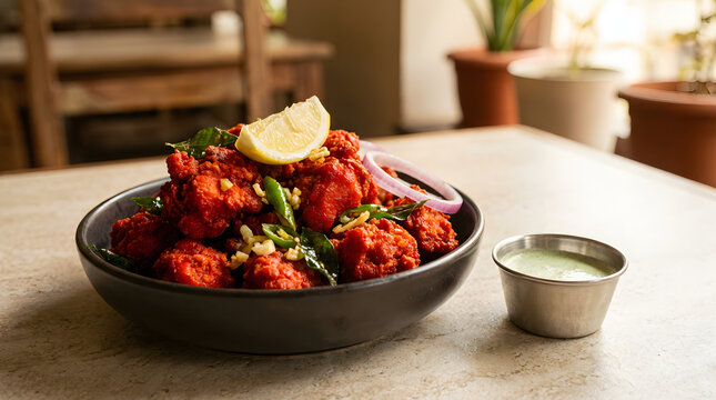 Spicy Chicken 65 Indian Fried Dish Served