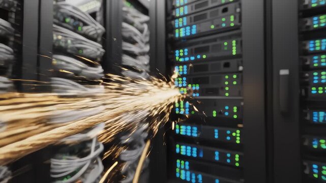 Data Cable Sparks and Plugs Into Server Rack for Secure Connection