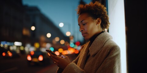 Woman Using Smartphone, Nighttime Urban Street with City Lights and Illuminated Billboard, Modern Mobile Communication Concept