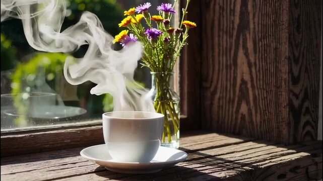 Hot coffee cup steaming beside flowers on wooden window ledge