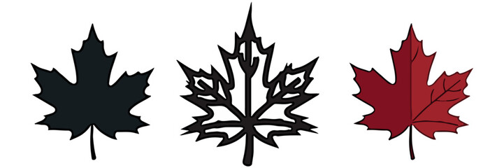 The classic maple leaf, a national symbol of Canada. Vector set includes a detailed line art version, a black silhouette, and a shaded red color version.