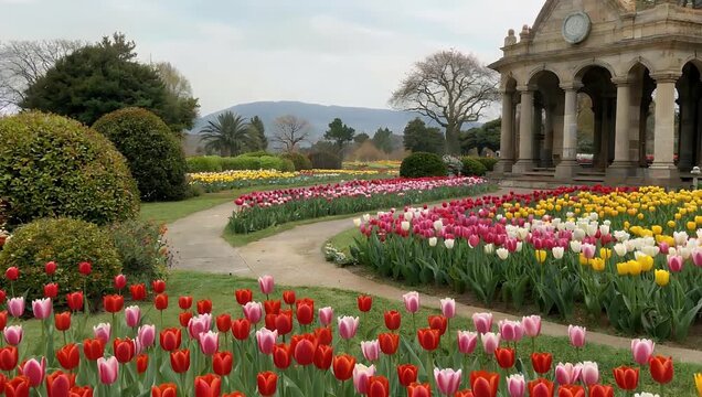 scenic ultra clear 4K establishing footage of Indira Gandhi Memorial Tulip Garden in Srinagar Kashmir featuring expansive floral displays in renowned botanical
