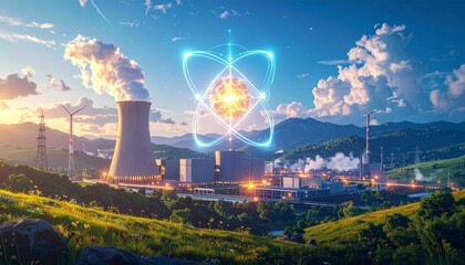 Futuristic nuclear power plant with a glowing atom symbol and wind turbines in a lush green valley, representing clean, sustainable energy, future technology, and the harmony of industry and nature.
