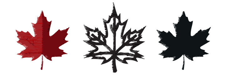 The classic maple leaf, a national symbol of Canada. Vector set includes a detailed line art version, a black silhouette, and a shaded red color version.
