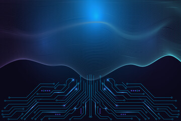 Digital Waveform Flow Over Circuit Board. Futuristic Data Stream and Signal Technology Vector Art