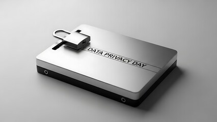 A conceptual 3D rendering depicting a metallic portable device, locked with a padlock, symbolizing data protection and security for Data Privacy Day.