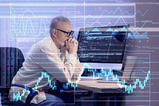 Double exposure of mature data science working in office and virtual screen with statistics - Powered by Adobe