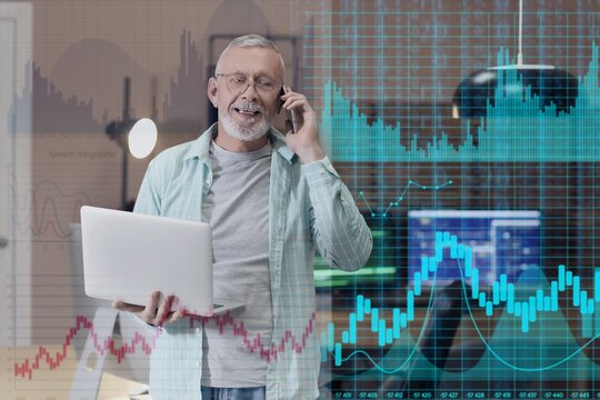 Double exposure of mature data science with laptop talking by mobile phone in office and virtual screen with statistics - Powered by Adobe