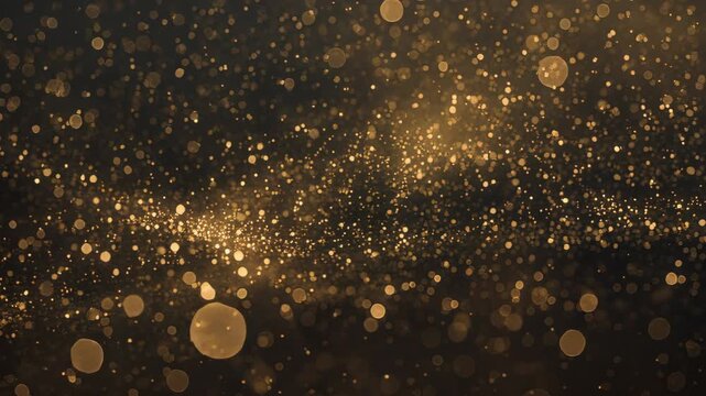 golden glitter particles floating over dark backdrop, soft bokeh and shimmer creating premium cinematic mood, elegant luxury tone