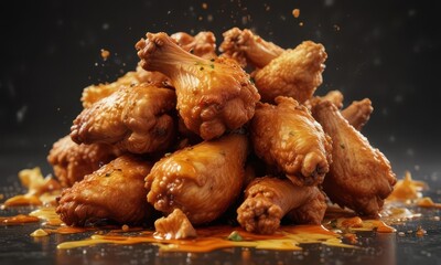 Fried chicken wings and boneless pieces with saucy splashes, crispy snack,  saucy snacks,  appetizer,  finger licking good