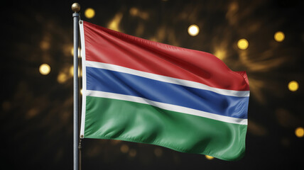 Elegant Gambian flag gently waving, symbolizing national pride and unity with festive lights illuminating the background