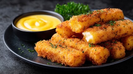 Fototapeta premium Crispy cheese sticks sit on a black plate next to a small bowl of yellow dipping sauce. Green herbs are placed for decoration and vibrant color in a restaurant atmosphere.