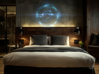 Modern Bedroom with Holographic Interface - Smart Home Sleep Technology