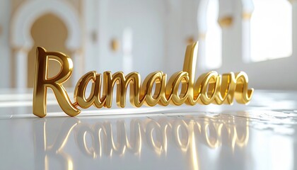 Golden Ramadan Text Reflecting On A White Surface With Islamic Architectural Elements In The Background And Soft Sunlight