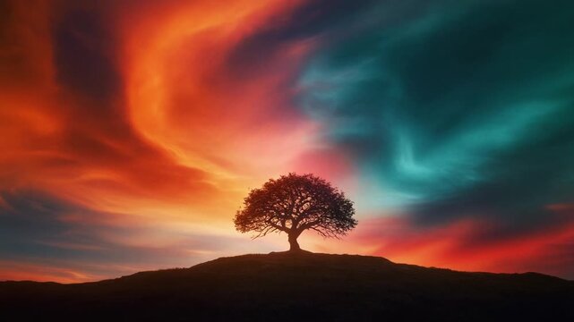 A solitary tree stands in dramatic silhouette against an ethereal twilight sky, painting the horizon with a vibrant gradient of fiery orange and tranquil teal