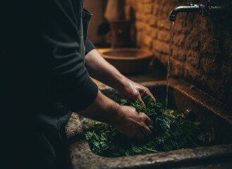 CloseUp Of Hands Washing Fresh Green Spinach Leaves In A Rustic Stone Sink Under Running Water With Brick Wall Background