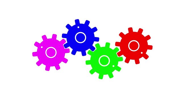 Rotating gears flat animation. Colorful rotating gears on white background. 4K looping rotating gears flat animation.