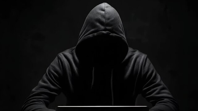 A hooded figure sits in the dark, intensely working on a laptop, evoking a sense of mystery and cybersecurity threats.
