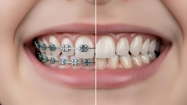 A split view showing teeth with orthodontic braces alongside straightened teeth, highlighting dental health and aesthetic improvements.