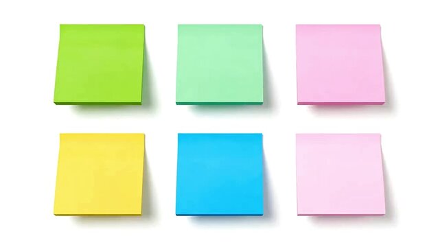 Six Colorful Sticky Notes Arranged in Two Rows on White Background.