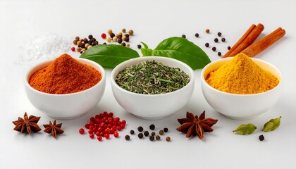 Vibrant assortment of aromatic ground spices and whole herbs displayed in pristine white bowls on a clean background, perfect for diverse culinary applications