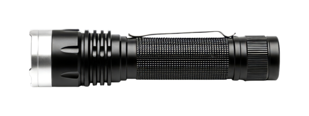 Modern black and silver flashlight with a textured grip and metal clip, designed for outdoor adventures and emergency preparedness.