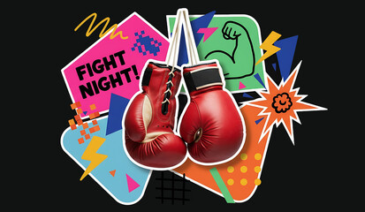 stickers art fight night club Red and blue green colorful graphic boxing gloves clash in a dramatic, fast-paced graphic illustration.
